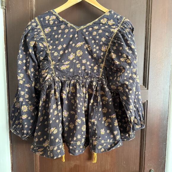 FREE PEOPLE | Never a Dull Moment Cotton Boho Floral Babydoll Peasant Top Medium - Picture 3 of 7